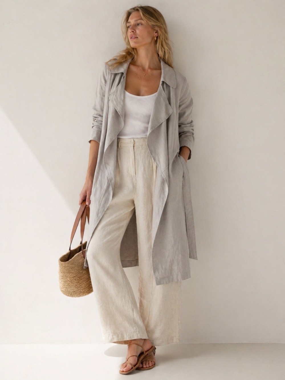 NWT Cynthia Rowley | 100% Linen Summer Trench Duster Stone Gray Neutral Coastal